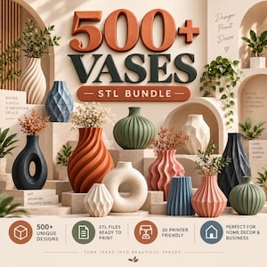 以下が含まれることがあります： 3Dプリント用STLバンドルに含まれる500種類以上の花瓶のデジタルコレクション。画像には、テラコッタ、セージグリーン、ブルー、ブラック、ホワイトなどの色で、リブ付き、幾何学的、円形など、さまざまな形状の花瓶が示されています。