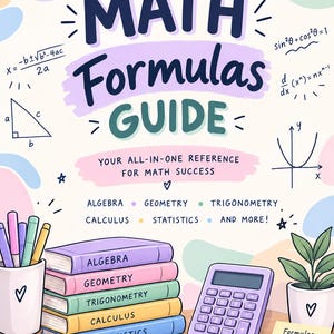 May include: A math formulas guide poster featuring the text MATH Formulas GUIDE, a stack of five colorful books labeled Algebra, Geometry, Trigonometry, Calculus, and Statistics, a purple calculator, a pen, a plant, and various math equations.