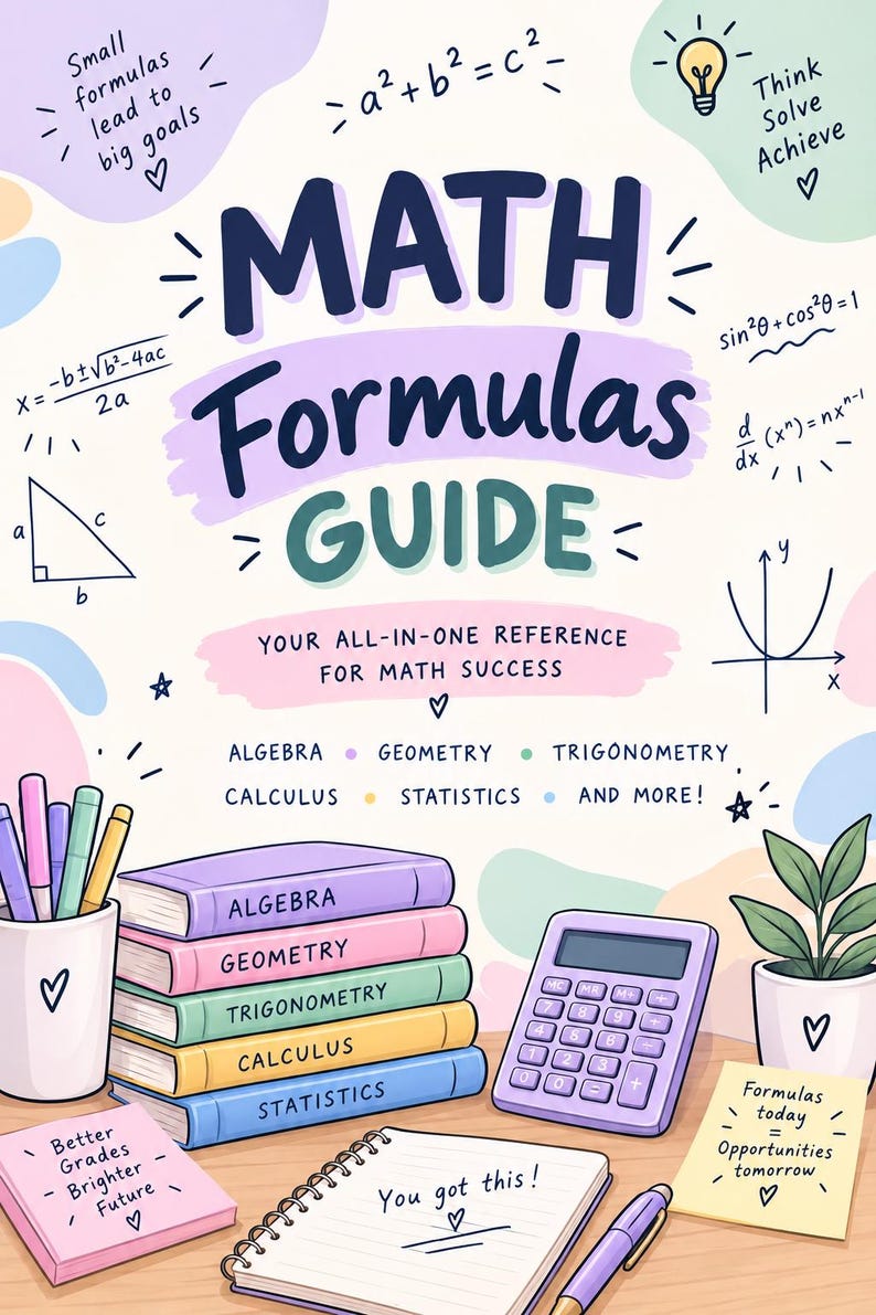 May include: A math formulas guide poster featuring the text MATH Formulas GUIDE, a stack of five colorful books labeled Algebra, Geometry, Trigonometry, Calculus, and Statistics, a purple calculator, a pen, a plant, and various math equations.