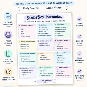 May include: A Statistics Formula Guide reference sheet featuring twelve categorized sections including Descriptive Statistics, Probability, Distributions, and Hypothesis Testing. The document uses a grid layout with pastel-colored boxes and dark blue text.
