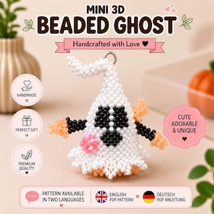May include: A 3D ghost ornament crafted from white, black, and peach-colored beads. The ghost features a white body, black bead eyes and mouth, and peach-colored bead accents on the sides and base. A silver metal jump ring is attached to the top.