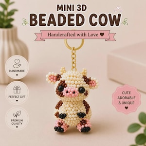 Puede incluir: Un llavero de vaca en 3D hecho con cuentas de color crema, marrón, rosa y negro. La vaca tiene una cabeza redonda, orejas pequeñas y un hocico rosa. Está sujeta a una anilla y cadena de metal dorado. El texto en la imagen dice MINI 3D BEADED COW.