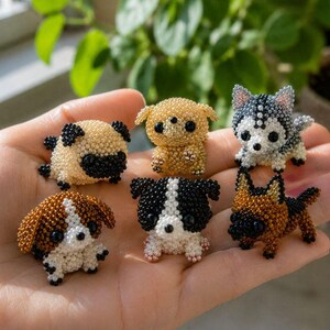 Może przedstawiać: Kolekcja sześciu miniaturowych figurek psów wykonanych z drobnych koralików. Zestaw zawiera beżowego mopsa z czarnym pyszczkiem, złotego szczeniaka, szaro-białego husky, brązowo-białego spaniela, czarno-białego szczeniaka oraz brązowo-czarnego owczarka.