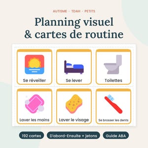 Può includere: Un set di pianificazione visiva e carte di routine con sei icone: un'alba, un letto, un bagno, una saponetta, una spugna e uno spazzolino. Il testo recita: Planning visuel & cartes de routine, Autisme, TDAH, Petits, Se réveiller, Se lever, Toilettes, Laver les mains, Laver le visage, Se brosser les dents, 192 cartes, D'abord-Ensuite + jetons, Guide ABA.