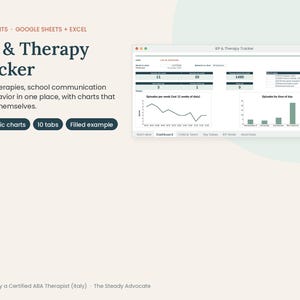 Può includere: Un foglio di calcolo digitale IEP & Therapy Tracker per Google Sheets ed Excel. L'interfaccia mostra una dashboard con campi dati, riepiloghi numerici, un grafico a linee per gli episodi settimanali e un istogramma per orario.
