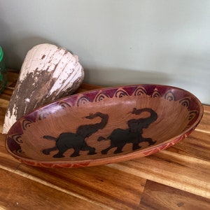 Kenya Carved Elephant Pair Rosewood Oval Wood Bowl