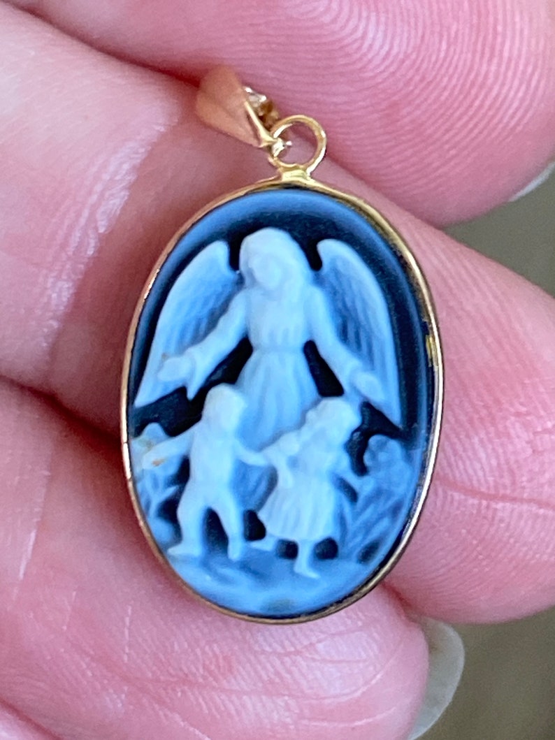 14k Framed OTC Blue Agate Protection Angel Children Cameo Necklace image 4
