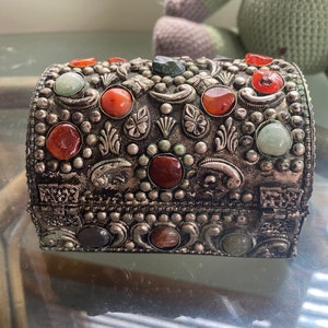 Vintage brutalist style stone and silver box, Silver toned and Semi-Precious stone covered treasure chest. Moroccan