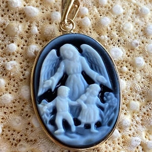 14k Framed OTC Blue Agate Protection Angel Children Cameo Necklace image 1