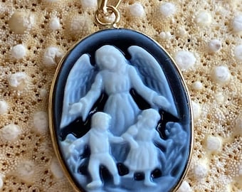 14k Framed OTC Blue Agate Protection Angel Children Cameo Necklace