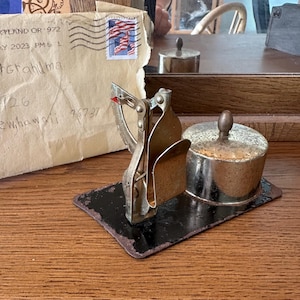 Vintage 1960&#39;s Brass Postal Scale Home Office Letter Scale and Holder for a Roll of Stamps