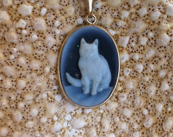 14k Framed Blue Agate White Cat Cameo Necklace