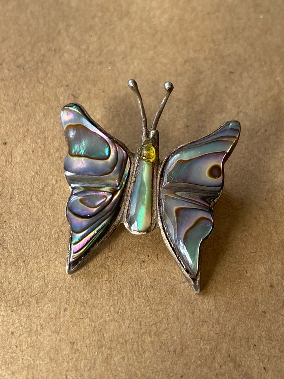 Abalone Shell & Peridot Butterfly Sterling Brooch