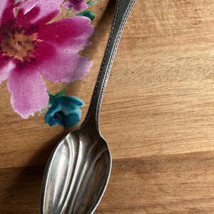 May include: A silver spoon with a decorative handle and a curved bowl. The handle has an ornate design at the top and is lined with small dots. The spoon is set against a wooden surface with a floral pattern.