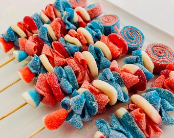 30 Patriotic Candy Kabobs, Red White and Blue Party Favors, 4th of July, Summer, Sour Treat, Firework give away, Sour Gummy