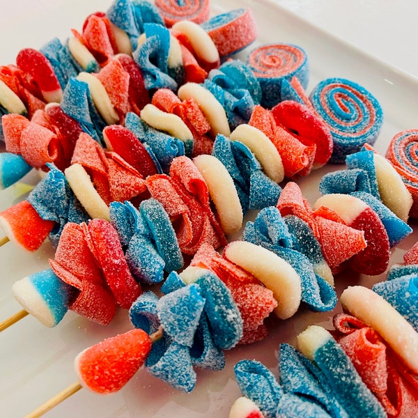 24 Patriotic Candy Kabobs, Red White and Blue Party Favors, 4th of July, Summer Time Dessert, Sour Treat, Firework give away, Sour Gummy