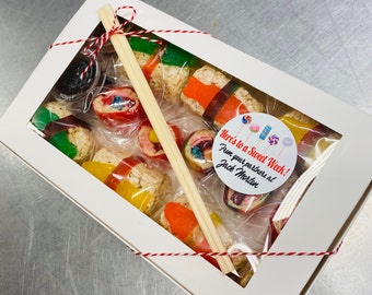 Candy Sushi (24 piece) Bento Gift Box with Sweet Dipping Sauces - Rice Krispy Treats, Sushi, Corporate Gifts, Gift Box