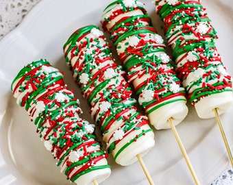 Chocolate Dipped Christmas Marshmallow Lollipops (12 pieces) -  Festive Winter Holiday Treats