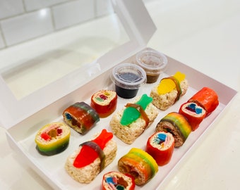 Candy Sushi (18 piece) Bento Gift Box with Sweet Dipping Sauces - Rice Krispy Treats, Sushi, Sashimi, Party Favor, Corporate Gifts