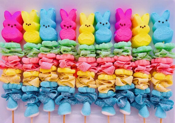 Easter Bunny Peeps Pastel Gummy Assorted Candy Kabob 12 Pieces Kebab Candy  Springtime Skewers Easter Basket Treats & Party Favors 