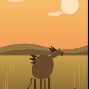 Könnte beinhalten: Eine flache Vektorillustration eines braunen, rundkörperigen Tieres mit langem Hals, spitzen Ohren und einem dünnen Schwanz, das auf einem Feld steht. Der Hintergrund zeigt einen orangefarbenen Verlaufshimmel mit einer blassen Sonne und zwei Wolken.
