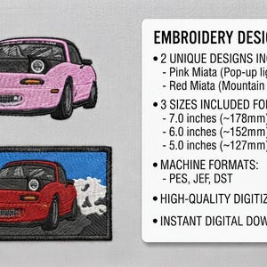 May include: Two embroidery designs of sports cars. One is a pink car with pop-up headlights and a tongue sticking out. The other is a red car against a mountain background. Text lists details: 2 designs, 3 sizes (178mm, 152mm, 127mm), and machine formats.