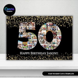 Black 50th Birthday Photo Collage Template, Personalized Birthday Poster, Customizable Photo Collage Board, Birthday Gift, Editable Collage