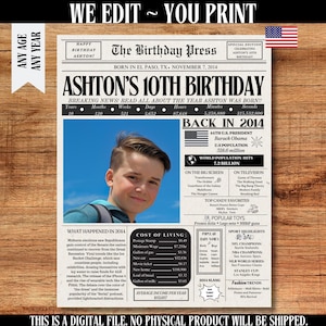 Birthday newspaper poster, Back in 2014, Birthday decorations, Birthday newspaper, 10th birthday, custom newspaper, Printable birthday sign