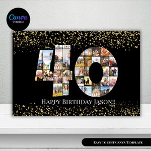 Black 40th Birthday Photo Collage Template, Personalized Birthday Poster, Customizable Photo Collage Board, Birthday Gift, Editable Collage