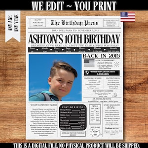 10th Birthday Newspaper Poster: Back in 2015 Printable Sign (Digital Download)