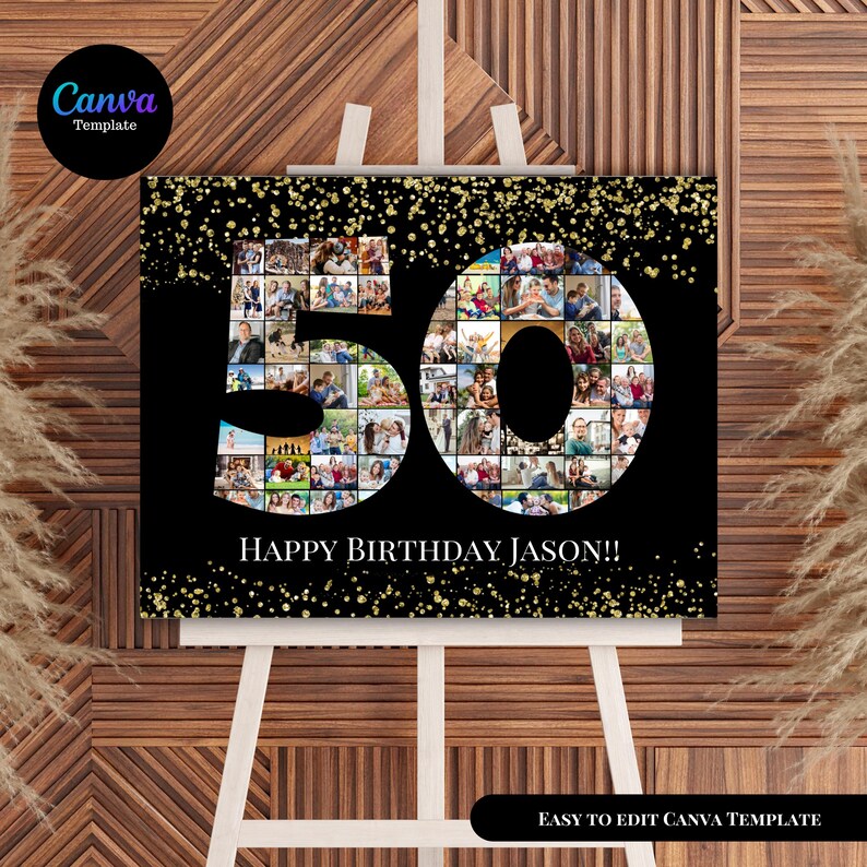 Black 50th Birthday Photo Collage Template, Personalized Birthday