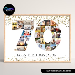 White 70th Birthday Photo Collage Template, Personalized Birthday Poster, Customizable Photo Collage Board, Birthday Gift, Editable Collage