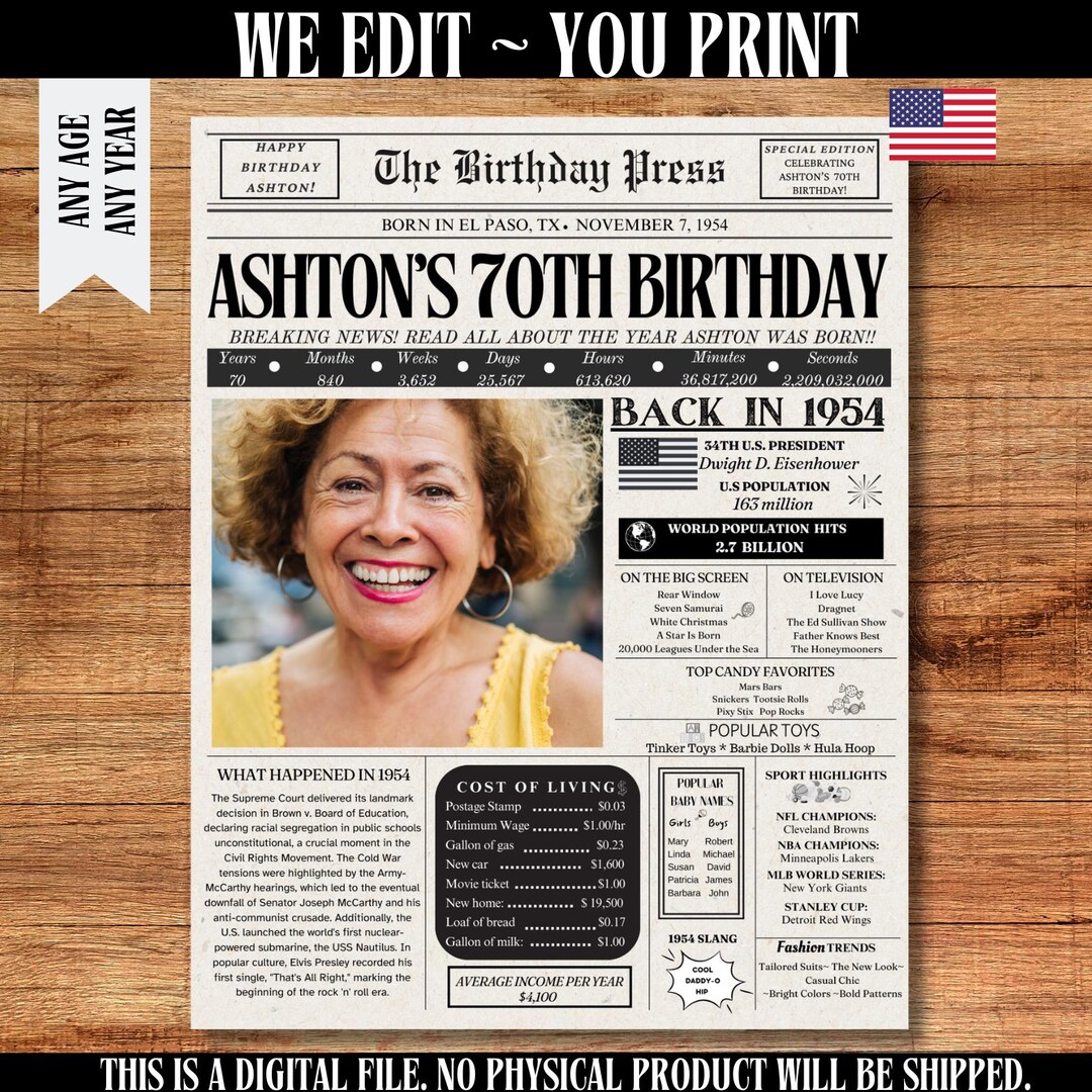 70th Birthday Newspaper Poster, Printable 70th Birthday Party Decor ...
