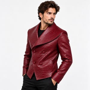 Men's Burgundy Crocodile Embossed Leather Jacket, Double Breasted Red Leather Blazer, Luxury Gothic Biker Jacket, Statement Coat