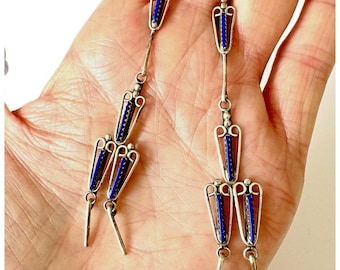 Zuni Dangle Earrings Lapis Sterling Silver Vintage Chandelier Native American