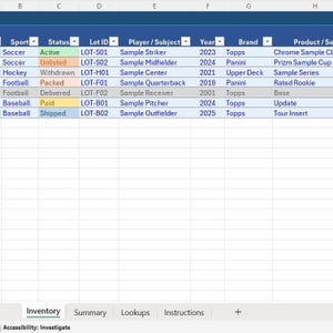 May include: A digital spreadsheet interface displaying an inventory table with columns for Sport, Status, Lot ID, Player/Subject, Year, Brand, and Product/Series. The rows contain sample data for various sports cards, with status cells color-coded in green, orange, gray, yellow, and blue.