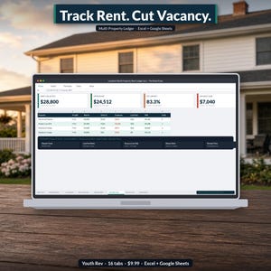 Può includere: Uno schermo di computer portatile che mostra un foglio di calcolo per la gestione degli affitti con tabelle di dati su entrate, spese e occupazione. Il testo recita Track Rent. Cut Vacancy. Multi-Property Ledger. Excel + Google Sheets.