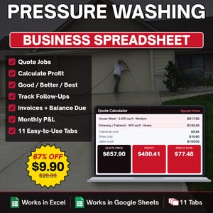 May include: A digital pressure washing business spreadsheet template displayed on a laptop screen. The interface shows a quote calculator with fields for house wash, driveway, chemical, drive, and labor costs, plus profit metrics.