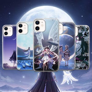May include: Five clear smartphone cases featuring anime-style illustrations of characters with long hair, wings, and celestial themes. The designs incorporate moons, stars, and blue-toned night skies, with one case displaying the text Vision Columbia.