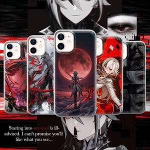 May include: A collection of five clear smartphone cases featuring anime-style character illustrations with red, black, and white color schemes. The designs include a figure standing before a red moon, close-ups of eyes, and floral motifs.