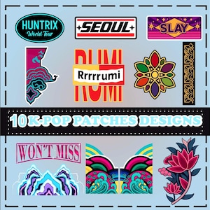 Paquete todo en uno de Huntrix: diseño de camiseta, parches para chaqueta, diseños inspirados en Kpop Demon Hunter / SVG, PDF, EPS, PNG, AI / Parches de Rumi