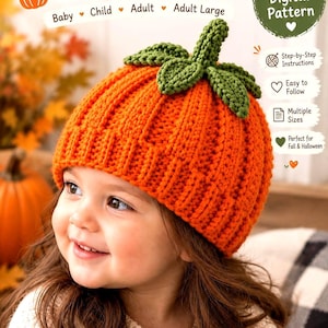 May include: A bright orange knitted hat shaped like a pumpkin with a green stem and leaves on top. The text on the image reads Pumpkin Hat Knitting Pattern, Baby, Child, Adult, Adult Large, Digital Pattern, Step-by-Step Instructions, Easy to Follow, Multiple Sizes, and Perfect for Fall & Halloween.