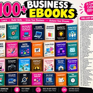 Op de afbeelding: Een digitale collectie van meer dan 100 zakelijke e-books, weergegeven als individuele boekomslagen in een raster. De afbeelding bevat heldere, kleurrijke graphics, titels voor elk e-book en een zijbalk met de volledige index van titels.