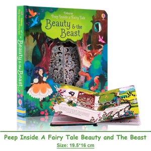 Puede incluir: Un libro infantil de tapa dura titulado Usborne Peep Inside a Fairy Tale Beauty & the Beast, que mide 19,5 por 16 cm. La portada muestra una escena de bosque con un personaje, una puerta troquelada y una página abierta con detalles.