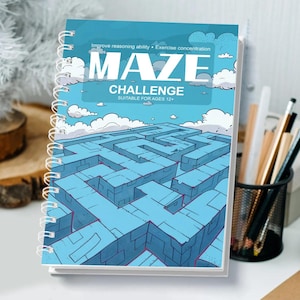 May include: A spiral-bound activity book titled Maze Challenge with a light blue cover featuring a graphic illustration of a stone maze under a cloudy sky. The text reads Improve reasoning ability, Exercise concentration, and Suitable for ages 12+.