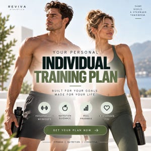 May include: A promotional graphic for Reviva Athletica featuring the text Your Personal Individual Training Plan, Built For Your Goals. Made For Your Life. It includes icons for workouts, nutrition, progress, and a button labeled Get Your Plan Now.