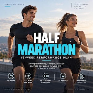 May include: A digital 12-week half marathon performance plan by Reviva Athletica. The graphic features text including HALF MARATHON, 12-WEEK PERFORMANCE PLAN, and details on 12 weeks, 3-4 runs per week, 13 strength exercises, 25 recipes, and printable trackers.