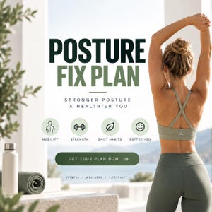 Könnte beinhalten: Eine digitale Grafik mit dem Titel POSTURE FIX PLAN und dem Untertitel STRONGER POSTURE A HEALTHIER YOU. Sie enthält Symbole für Mobilität, Kraft, tägliche Gewohnheiten und Wohlbefinden, einen GET YOUR PLAN NOW Button sowie den Text FITNESS WELLNESS LIFESTYLE.