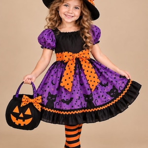May include: A purple and black dress with a pattern of black cats, bats, and moons, featuring a black bodice, puff sleeves, and an orange polka-dot sash. Includes a matching witch hat with an orange bow, orange and black striped tights, and a black pumpkin bucket.