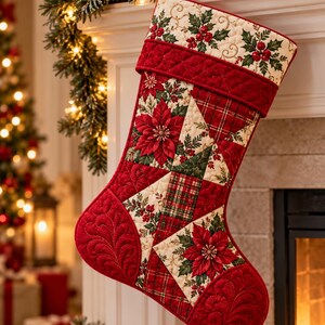 Peut inclure: Une chaussette de Noël matelassée présentant un motif patchwork de poinsettias rouges, de feuilles de houx vertes et de baies rouges sur un fond crème. La chaussette comprend des sections de tissu à carreaux rouge et vert et des panneaux rouges unis.